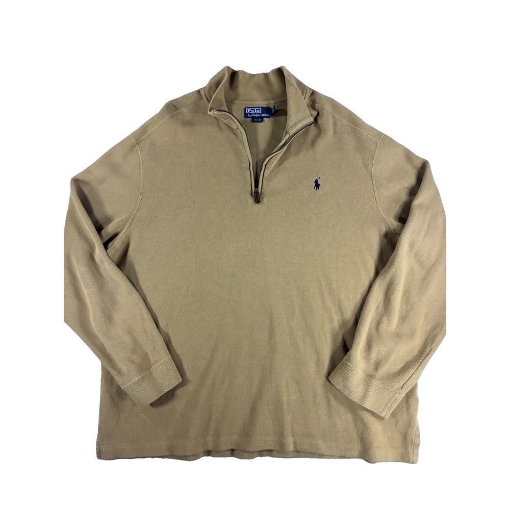 Y2K/Vintage Polo Ralph Lauren Tan Ribbed 1/4 Zip Pullover Sweater. Men's 2XL.